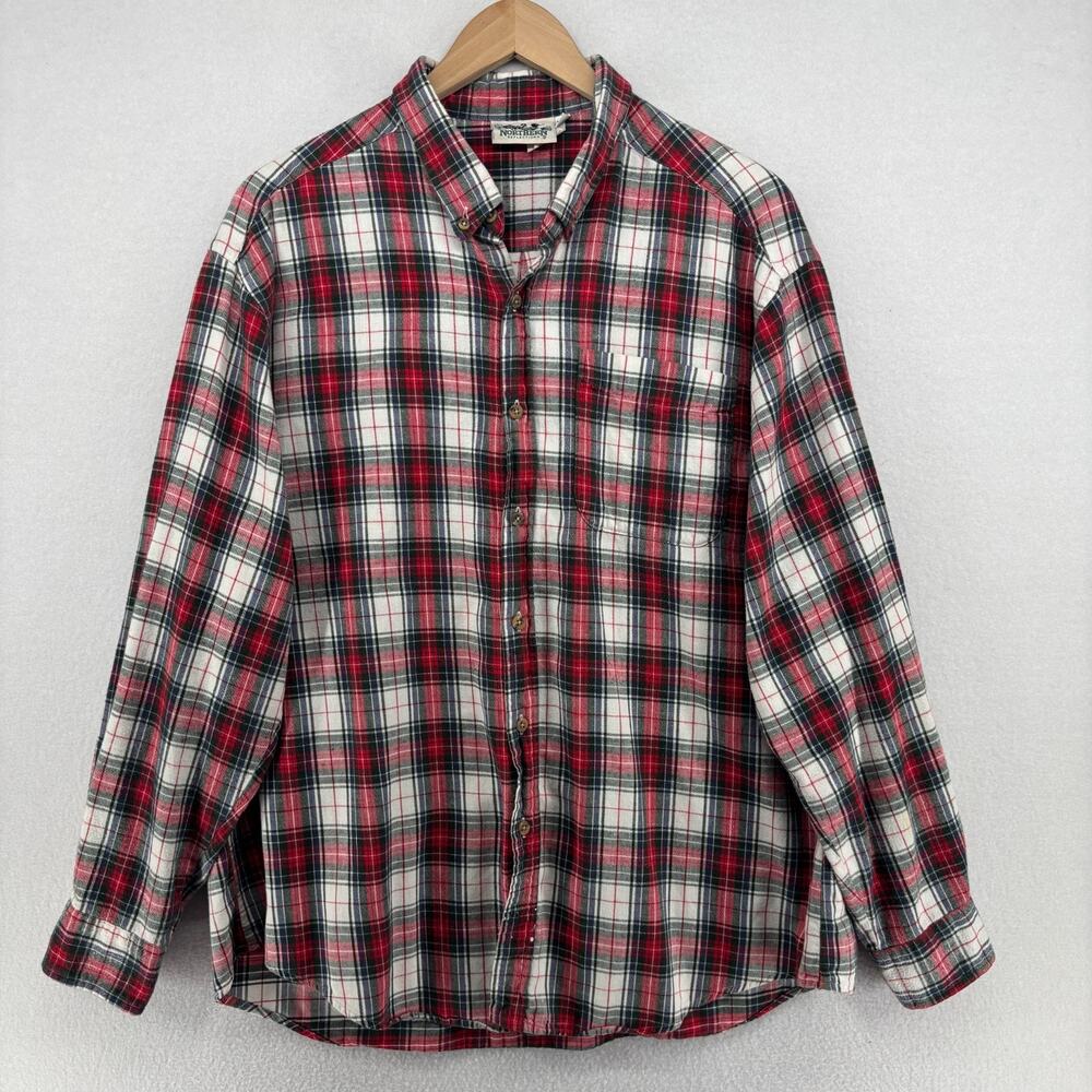 NORTHERN REFLECTIONS Shirt Mens XL Flannel Plaid Button Up Vintage Cotton Red